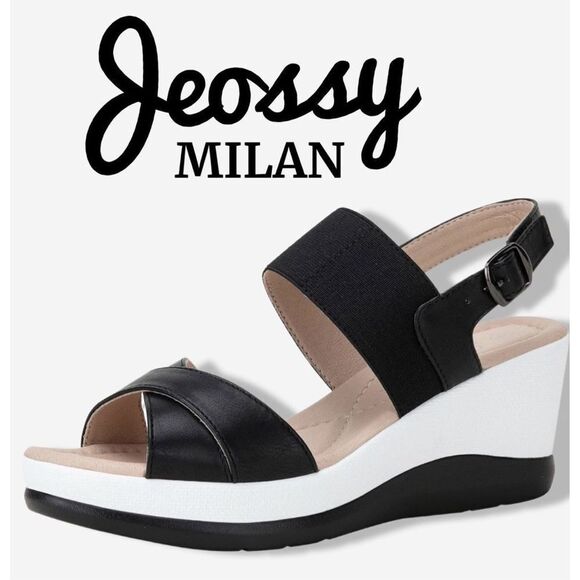 Joessy Milan Black and white platform wedge heel Women's Sandals size 8. NIB. - Picture 1 of 11
